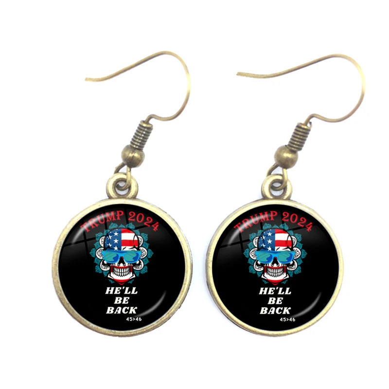 Trump 2024 Earrings USA Election Collection 16mm Glass Cabochon Silver Plated Drop Earrings Jewelry For Women Girl Support Trump