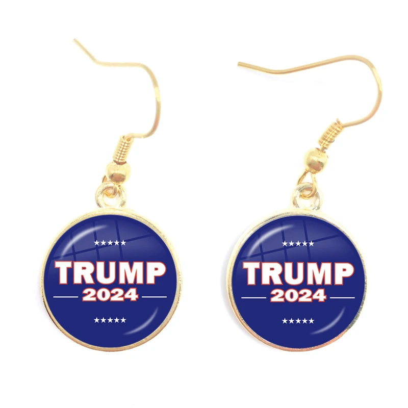 Trump 2024 Earrings USA Election Collection 16mm Glass Cabochon Silver Plated Drop Earrings Jewelry For Women Girl Support Trump